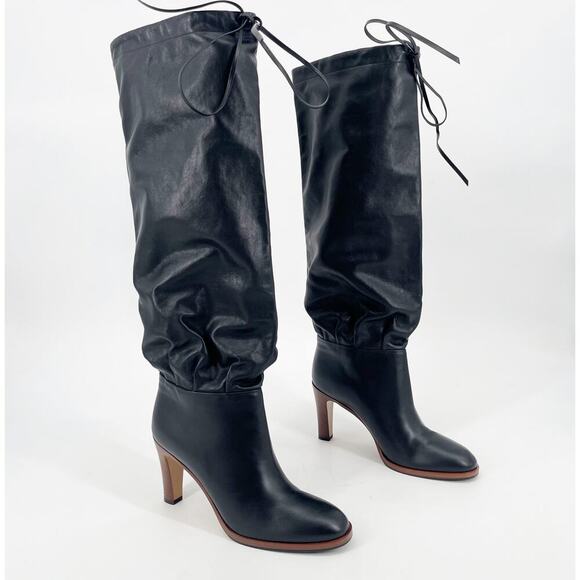 Gucci Black Lisa Slouchy Leather Cinch Tie Knee High Round Toe Heeled Boot EU 39 - Picture 1 of 12